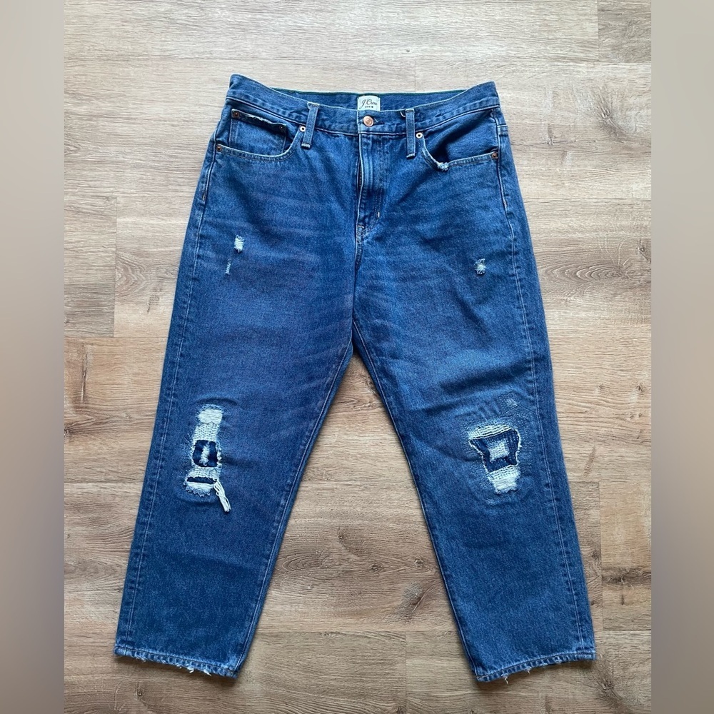 J.Crew Slouchy Boyfriend Jeans Blue Distressed Relaxed Fit Womens 30P Mid Rise